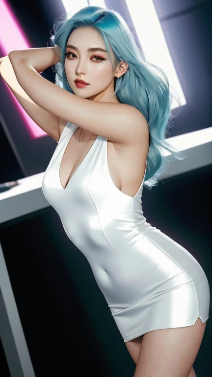 ace, 16K, ultra realista, super detalhado, high resolution, melhor qualidade, head: 1.3, (Korean K-pop idol), pale cyan hair, pale white skin, pele iluminada, sombreamento realista, texturas realistas, sharp focus, (cinema lighting), clavicle, Morning, luz suave, dynamic angle, [: (rosto detalhado:1.2):0.2], seios grandes naturais, rugas nas axilas, fenda apertada, vestido vermelho, magro hot, meio do peito, decote, corpo todo, fundo desfocado, different positions in various types of angles.