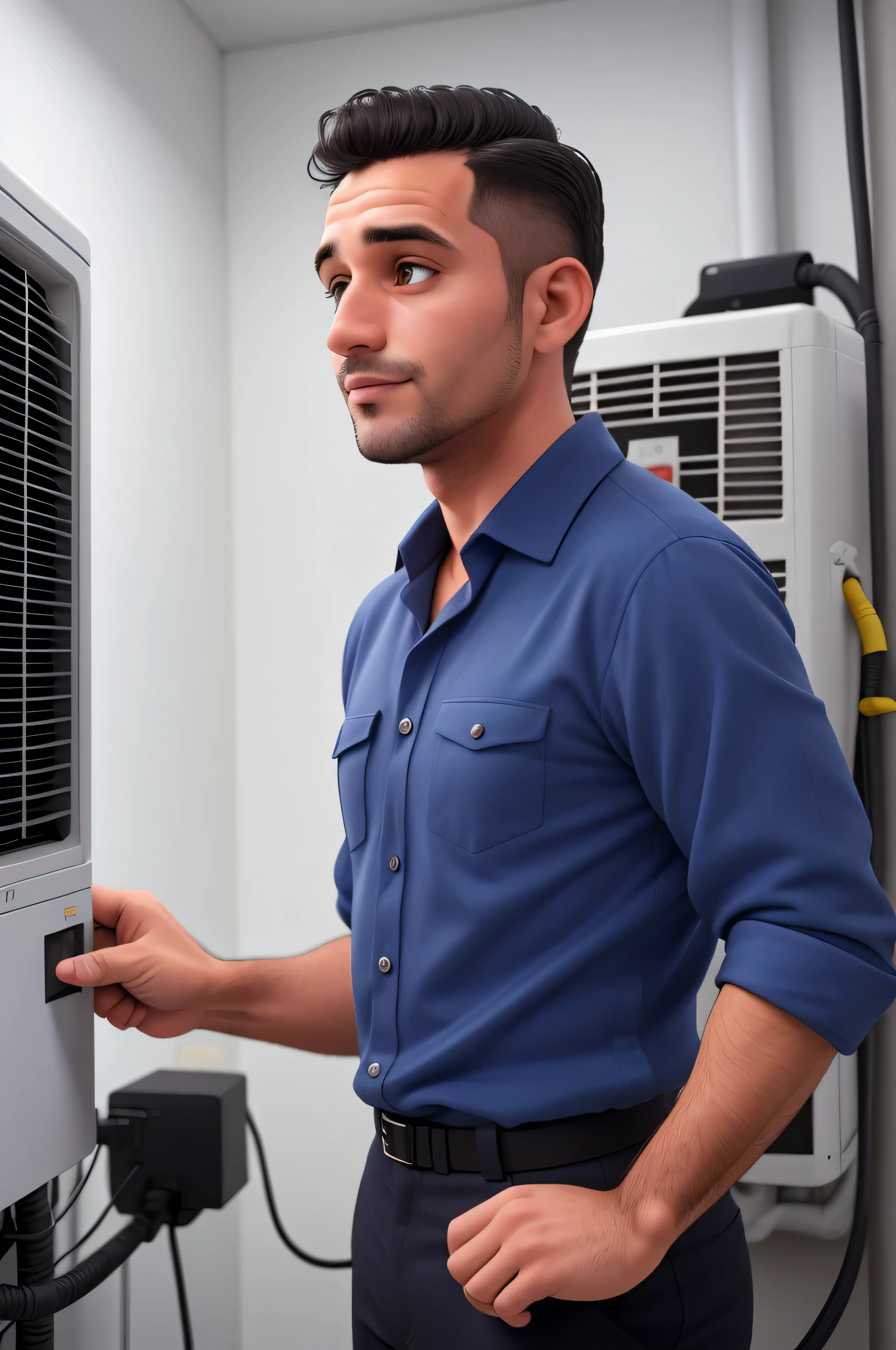 Um homem de 30 anos, air conditioning technician working, e olhos castanhos, usando camisa azul, cabelo preto , com perfil magro, businessman face who owns air conditioning company , meio careca,