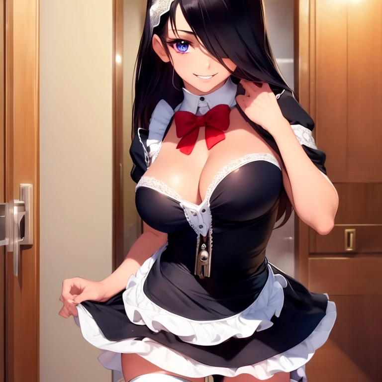 masterpiece, best quality, high resolution, UHD, 8k, ((cowboy shot)), BREAK, 1 girl, ((girl style anime)), Glossy skin, ((((lock of hair covering one eye)))), rounded eye, beautiful eyelash, realistic eye, beautiful woman, with purple eye, long hair, black hair with red money piece highlights, with two white highlights in the fringe, perfect body, medium breasts, BREAK, detailed clothes, beautiful face, (seductive smile:1.2), cosplayer, french maid costume, maid headdress, frills, short skirt, bowtie, maid apron, thighhighs, kneehighs, BREAK, standing up in room in a hotel.
