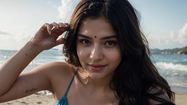 Clean Beach background with blue water in beach, cute indian girl in 20s, vivacious, looking at the viewer, shining skin, perfect lighting, the embodiment of grace and elegance, provocative pose, smiling seductively, wearing beach dress, small cleavage, clear curvy details, beautiful curves, detailed eyes, detailed pupil, long shining hair, volumetric lighting, Ultra Detailed, unity 8k wallpaper, ultra detailed, aesthetic, masterpiece, best quality, photorealistic