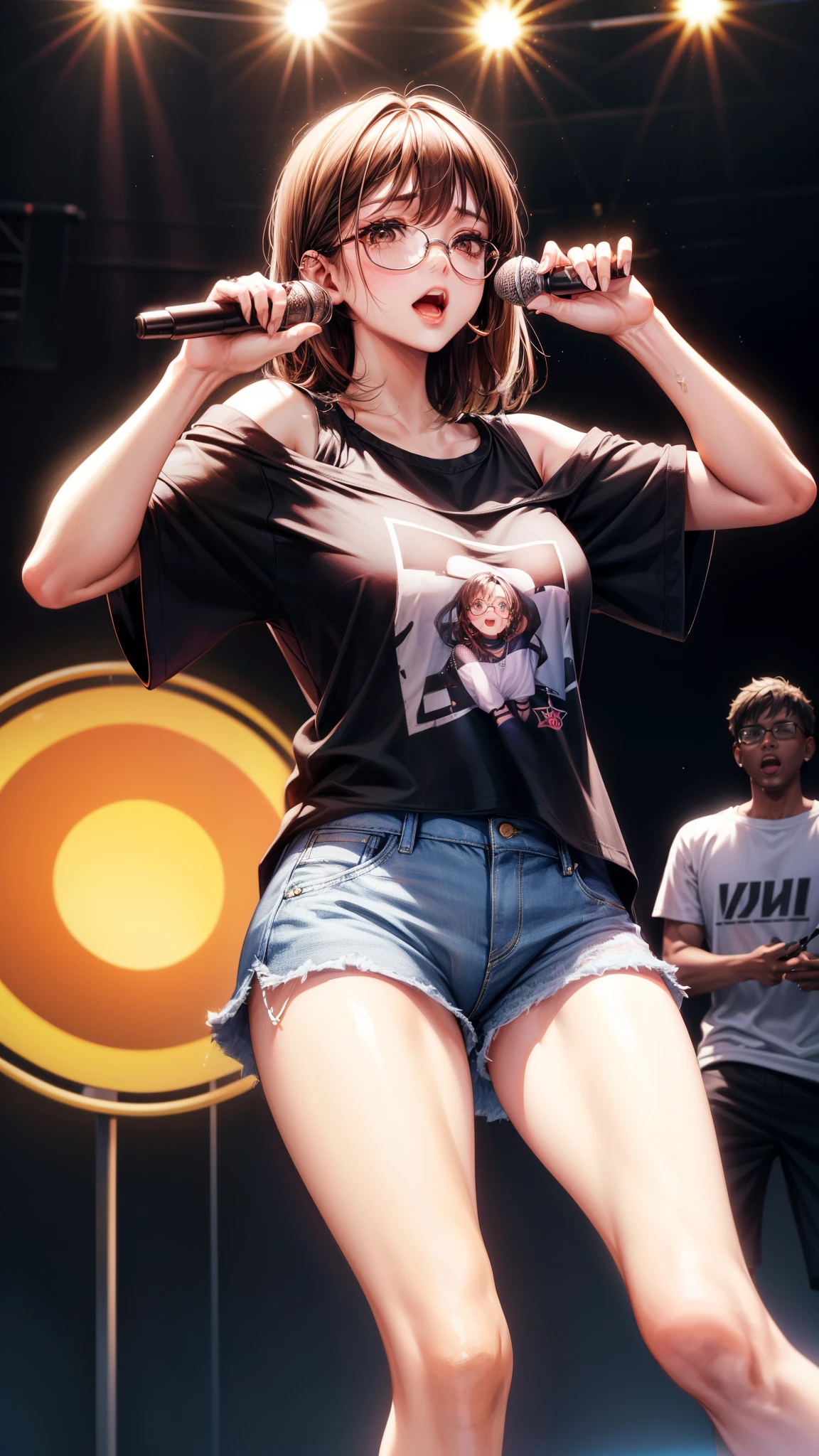 One woman、Brown Hair、Brown eyes、Black-rimmed glasses、Ring piercing of the earlobe、Holding a microphone、Sing a song、Dancing and singing in a nightclub、Sweat、Oversized one-shoulder T-shirt、Short bottom pants、Beautiful legs、Beautiful thighs、