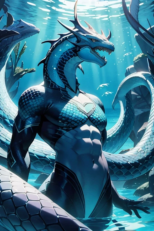 Serpentine creatures,Blue scales,Swimming in the sea,Underwater,The head looks a bit like a dragon,sea snake,Giant mysterious winged snake,Sea Monster,Legendary creatures,