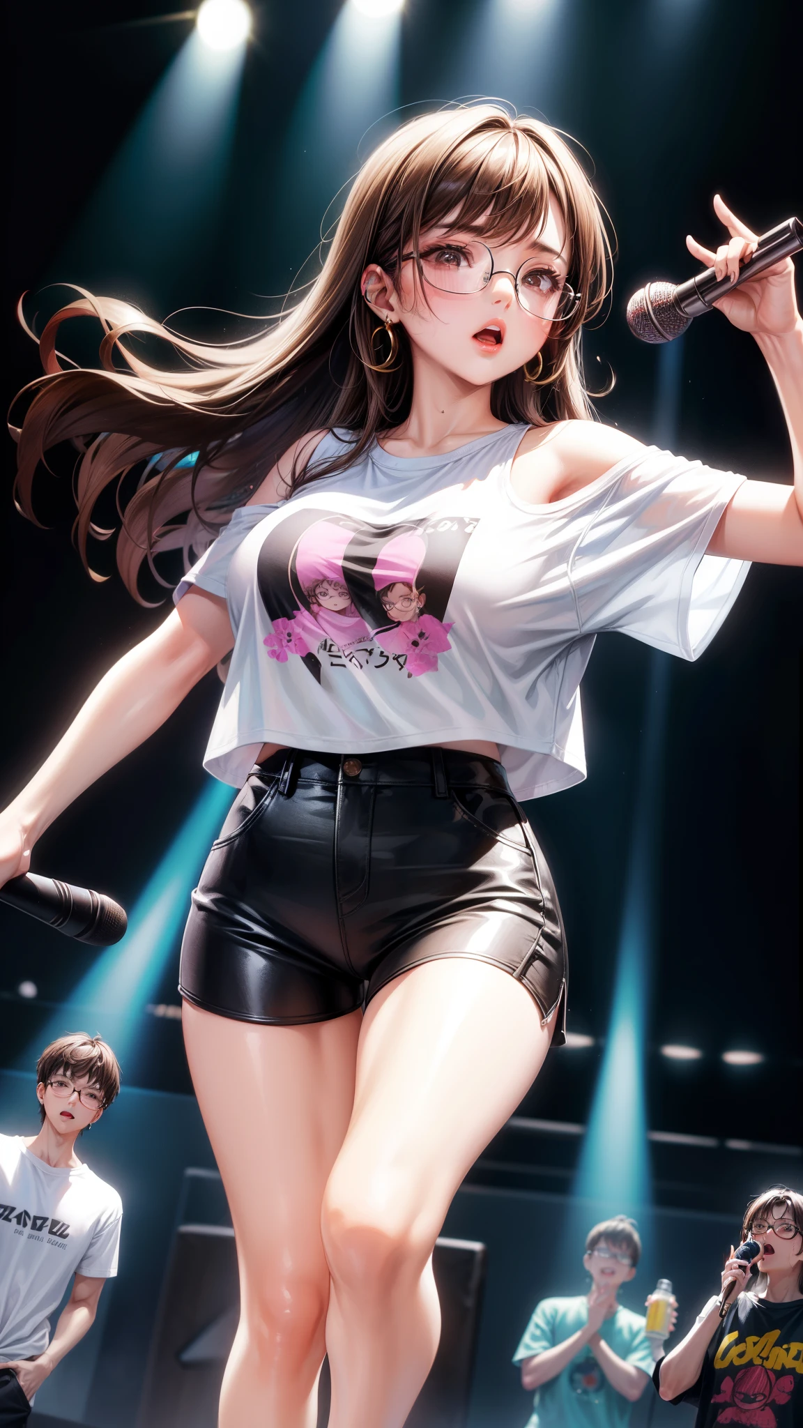 One woman、Brown Hair、Brown eyes、Black-rimmed glasses、Ring piercing of the earlobe、Holding a microphone、Sing a song、Dancing and singing in a nightclub、Sweat、Oversized one-shoulder T-shirt、Short bottom pants、Beautiful legs、Beautiful thighs、