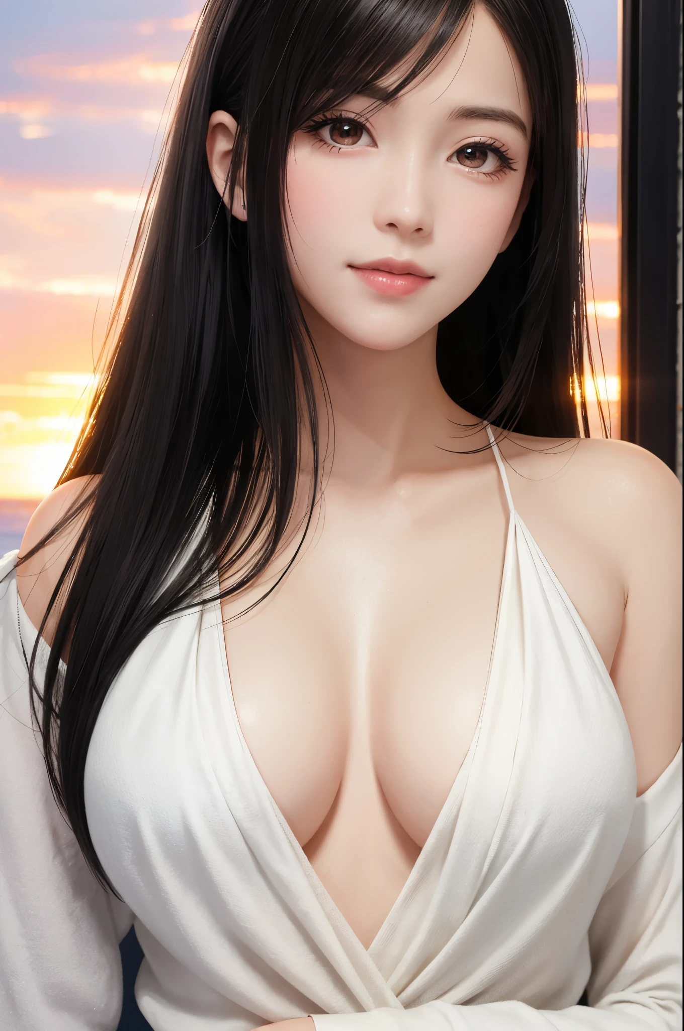{Top Quality, Masterpiece}, (Realistic: 1.3), Wallpapers, ultra high res, ultra high quality, BREAK {{{FF7,Tifa_lockhart, solo}}},{Ultra-detailed face, Detailed Red eyes},(black Brown Hair, Large breasts: 1.0),(Imaginative Macanese Female Page, background is Unique seaside, at Sunrise), BREAK {wearing oversized loose sweater, Exquisite cloth, white Clothes}, clothed, (No Bra) ,(shiny oiled skin: 1.1), about 18 years old, BREAK {smile, kawaii},{{gravure pose}}