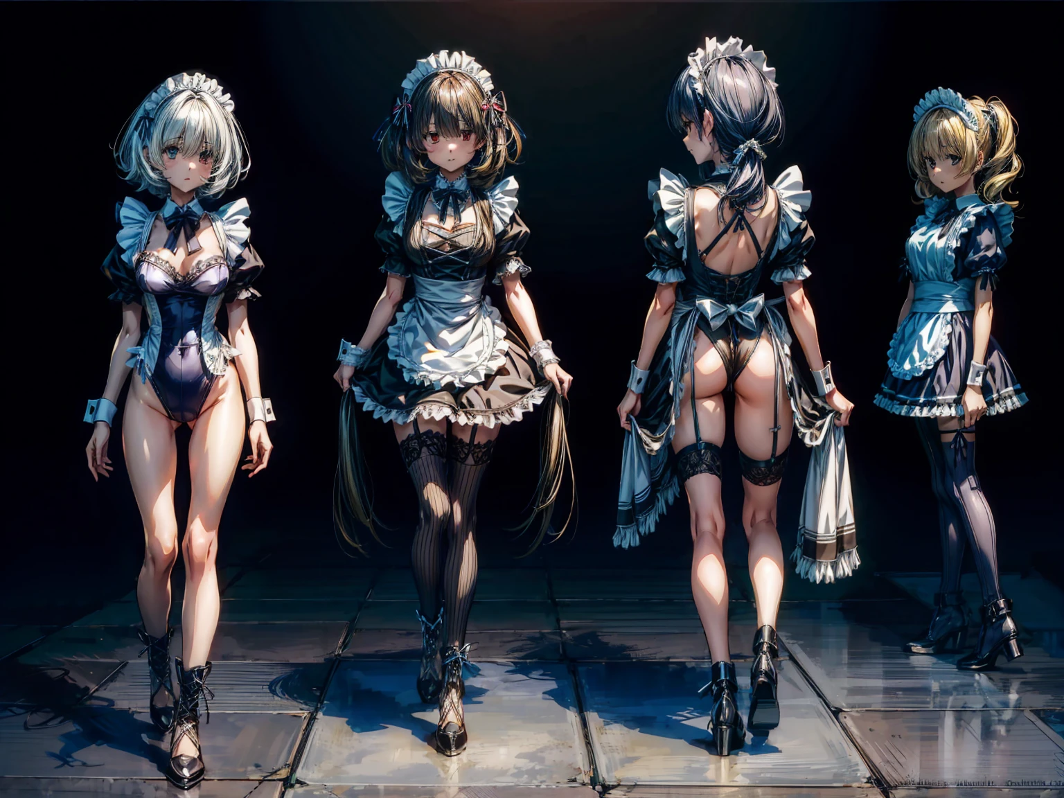 (Perfect Anatomy:1.2, highest quality),(Maid leotard details:1.6),(5Girls:1.6),Long Hair:1.5, (Short sleeve, Thighs,Maid Cufflinks),,Hypno Lola, Hollow Eyes,High heel lace-up boots,Dark aura,(Leotrad),,From below,love for viewers,Look down,(full body:1.4),looking at viewer, Pile of rubble