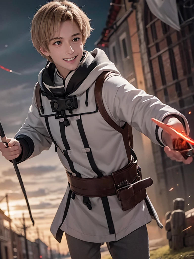 1male, rudeus greyrat, red eyes, handsome, smile, grey clothes, realistic clothes, detail clothes, village background, holding a staff, creating magic fire, blood splatter, depth of field, night, red light particles, light rays, sid e lighting ,Best Quality, High resolution, extremely detailed , 8K, Highly realistic, Ultra-realistic, photos realistic,