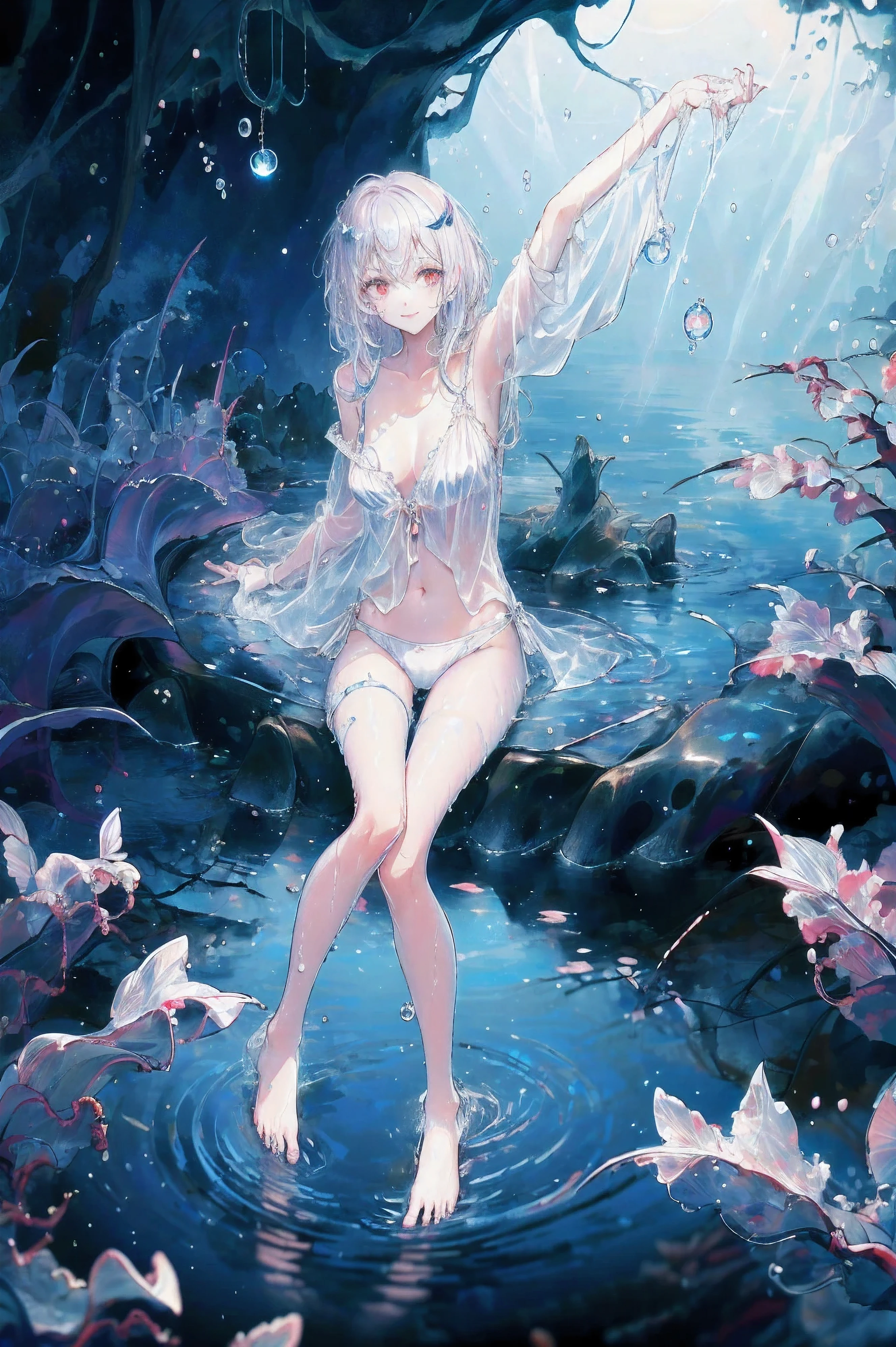 Dreamy and beautiful moonlight in the dark forest。View of a -yeld gifrom above。(wet silver hair and red eyes)。smile slightly。She wore only a long sheer white cloth with beautiful sheer lace trim。Soak the cloth in water。(splash，Dark forest lake at night。(Hair or clothes are wet)。splash。Wet strands of hair。dripping water drops。Fantastic fireflies floating in the air、Light also reflects from water。near method and far method。glitter effects。Dynamic composition with depth。extremely high quality、High level of image quality、extremely delicate。Rare workmanship，round,Room, firm breasts，No underwear），barefoot，float，water surface，（long legs，long legs，long legs，Gestalt），full-body shot。posture lying，Looking charming