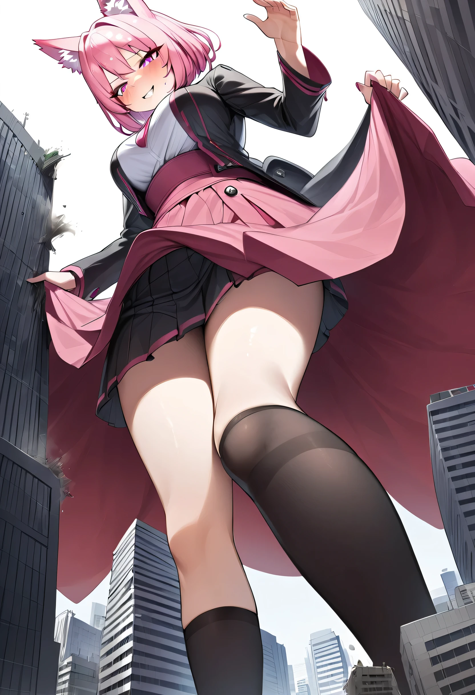 huge,pink hair,fox ears,age girl,super short skirt,Teasing the villain,A giant girl taller than a building,Wearing black knee socks,city-destroying,miniature city, low angle of view,shrouded in the villain,Lifted up the skirt,horny face,