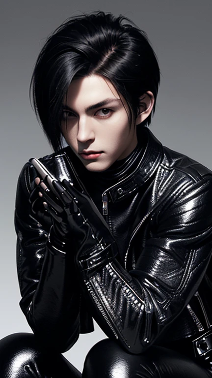 Final Fantasy-style graphics, young, Cute and cool Japanese boys, Thin eyebrows and big eyes, He is wearing a shiny white single-breasted leather jacket.......。Biker style leather jacket、 with epaulettes, The jacket is zipped up, The jacket pockets are black., The jacket has a high stand-up collar with a belt, Also wearing a black turtleneck, Black Leather Pants, Thin black leather gloves on both hands, Black leather knee-high lace-up boots, Show me your whole body from head to toe, Final Fantasy Style、((good looking))、((good looking))、((Clear eyes and nose))、((Shiny white single leather jacket))、((The jacket must be white))、((The jacket has epaulettes))、((Jacket has a high stand-up collar and belt))、((The jacket has a black pocket))、((Black turtleneck shirt))、((Black Leather Pants))、((Always wear shiny black leather gloves on both hands))、((Cover all fingers on both hands with gloves))、((Black lace-up leather long boots))、((View full-body images from a distance))、Realistic image quality and texture、In a small cell、close your eyes、A kind smile、((The front of the jacket is closed with a zipper))、((No exposed skin below the neck))、((round face)、((Short Hairstyleedium build))、((Upright posture))