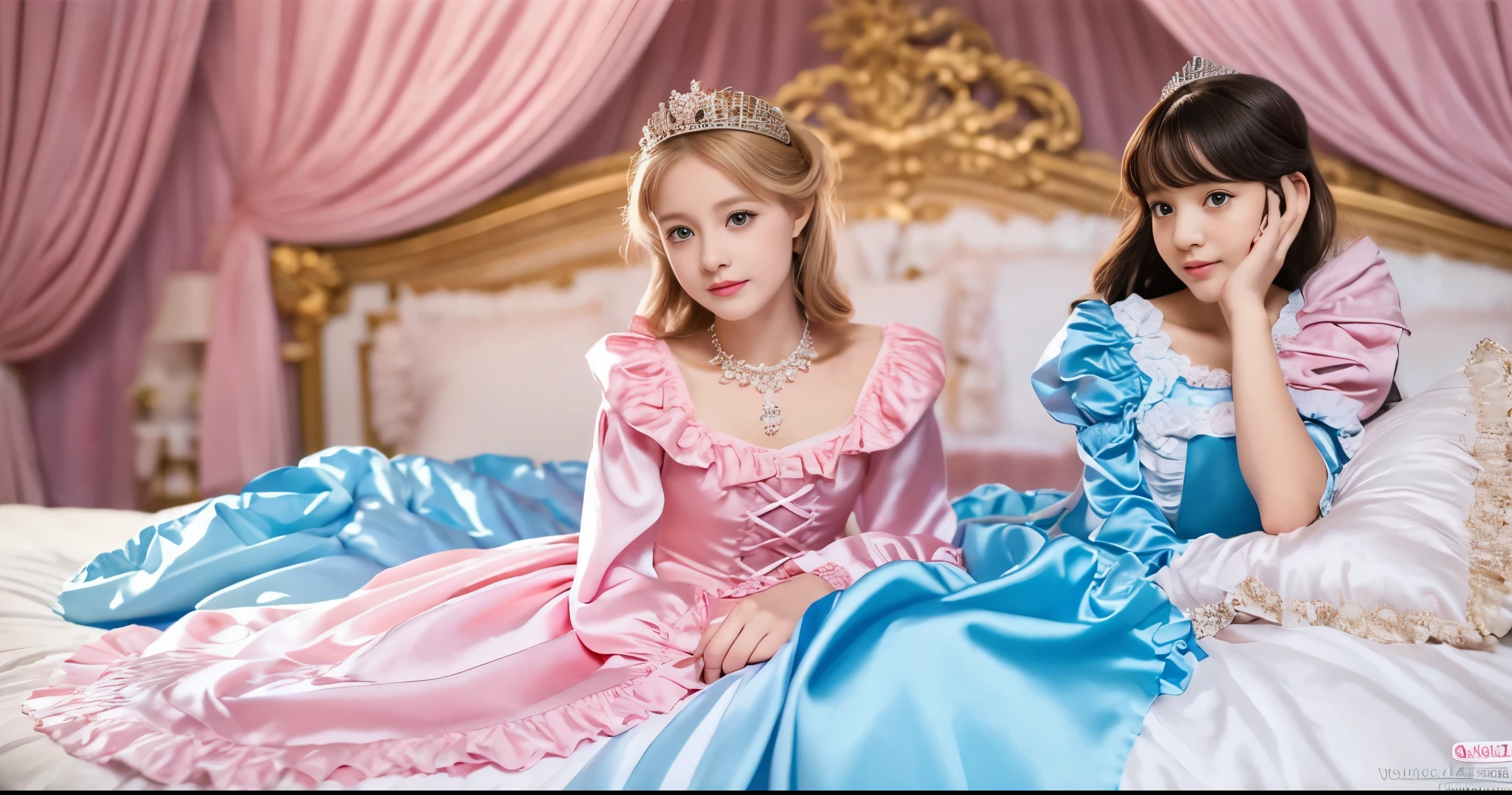 ,highest quality, masterpiece, highest resolution, artwork, super それにget used to it, many get used to it, get used to it, それにget used to it, 3K realistic photos,,(( When I was 10 years old)),Super detailed baby face,She is a princess,Full length ball gown dress with hoop skirt,ruffled yoke collar,puff sleeves,long sleeve,((Lolita style hot pink detailed princess satin dress、Comes with lots of frills and ribbons。)),colorful rococo fashion,shiny satin dress,Soft and smooth fabric,luxury,long blonde hair,blue eyes,white skin european,pajamas,((inside the palace)),,,(( When I was 10 years old)),Super detailed baby face,Full length ball gown dress with hoop skirt,long skirt,ruffled yoke collar,puff sleeves,腰まで伸びるlong blonde hair,blue eyes,white skin european,pajamas,((inside the palace bedroom)),ピンクのシルクサテンのluxuryなcanopy bedの上,canopy bed,luxurious curtains under the canopy,many frilly pillows on the bed,super detailed background,Detailed bed,silk satin bed sheets,soft silk satin comforter,Soft silk satin ruffled pillow in pastel colors,romantic atmosphere,little princess is sitting on the bed,Don'Don't put your feet out to the side,Beautiful girl illustration,detailed beautiful face detailed hair,detailed human eye ,detailed mouth, arm details,fine hands,Detailed pillow,
