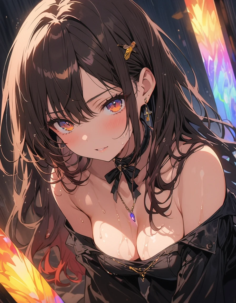 (highest quality, 4K, masterpiece :1.3), Beautiful woman, One girl, (chest, Attractive body :1.2), 中chest, rain、Dark brown hair: 1.1, (rainが降って濡れた, rainに濡れた, Wet body :1.2), Highly detailed face, detailedな唇, Fine grain, double eyelid、sex appeal、(highest quality、masterpiece、High resolution、detailed)、animeスタイル、Flat Style、(eyes shining iridescent colors illuminated light,),  BREAK,extremely detailed、High saturation,Dynamic Angle、anime