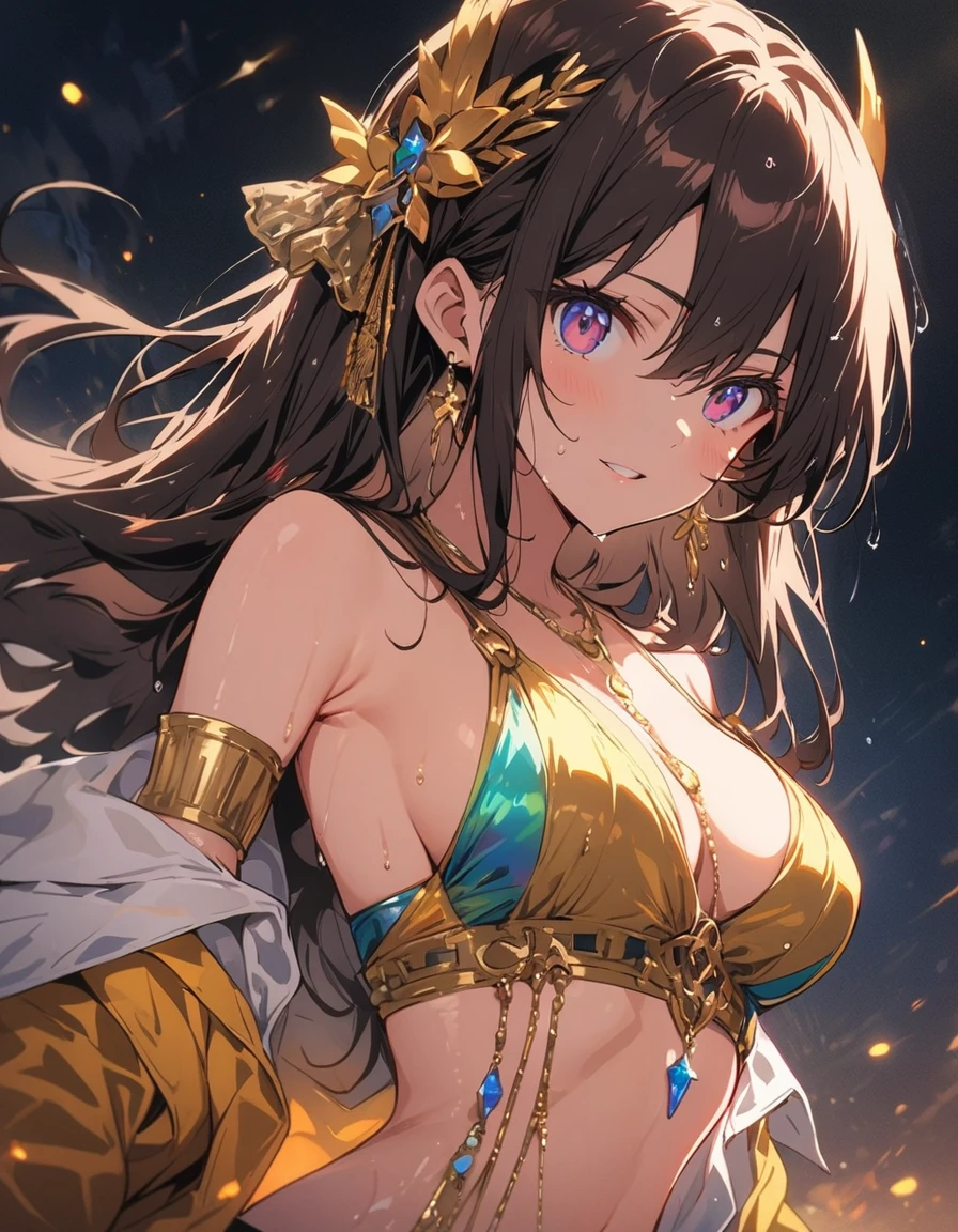 (highest quality, 4K, masterpiece :1.3), Beautiful woman, One girl, (chest, Attractive body :1.2), 中chest, rain、Dark brown hair: 1.1, (rainが降って濡れた, rainに濡れた, Wet body :1.2), Highly detailed face, detailedな唇, Fine grain, double eyelid、sex appeal、(highest quality、masterpiece、High resolution、detailed)、animeスタイル、Flat Style、(eyes shining iridescent colors illuminated light,), BREAK,extremely detailed、High saturation,Dynamic Angle、anime