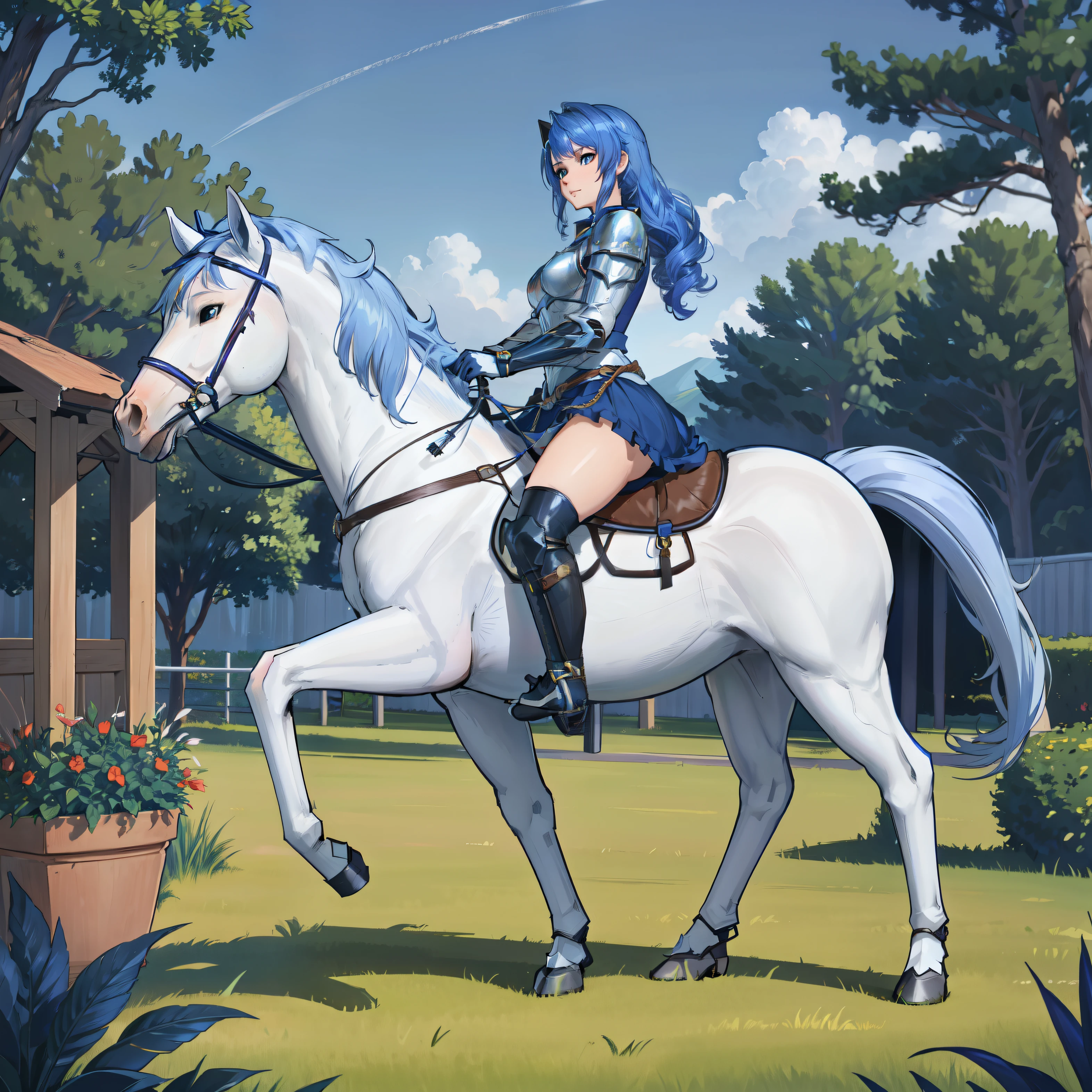 ((best quality)), ((anime masterpiece)), (detailed), 8k, perfect face, female knight, from side, long hair, female knight, (blue armor, blue miniskirt, blue boots), horseback riding, horse riding, solo, (white horse, saddle, stirups, reins: 1.5), walking: 1.5, forest, scenery, from side: 1.5, anatomically correct, trails