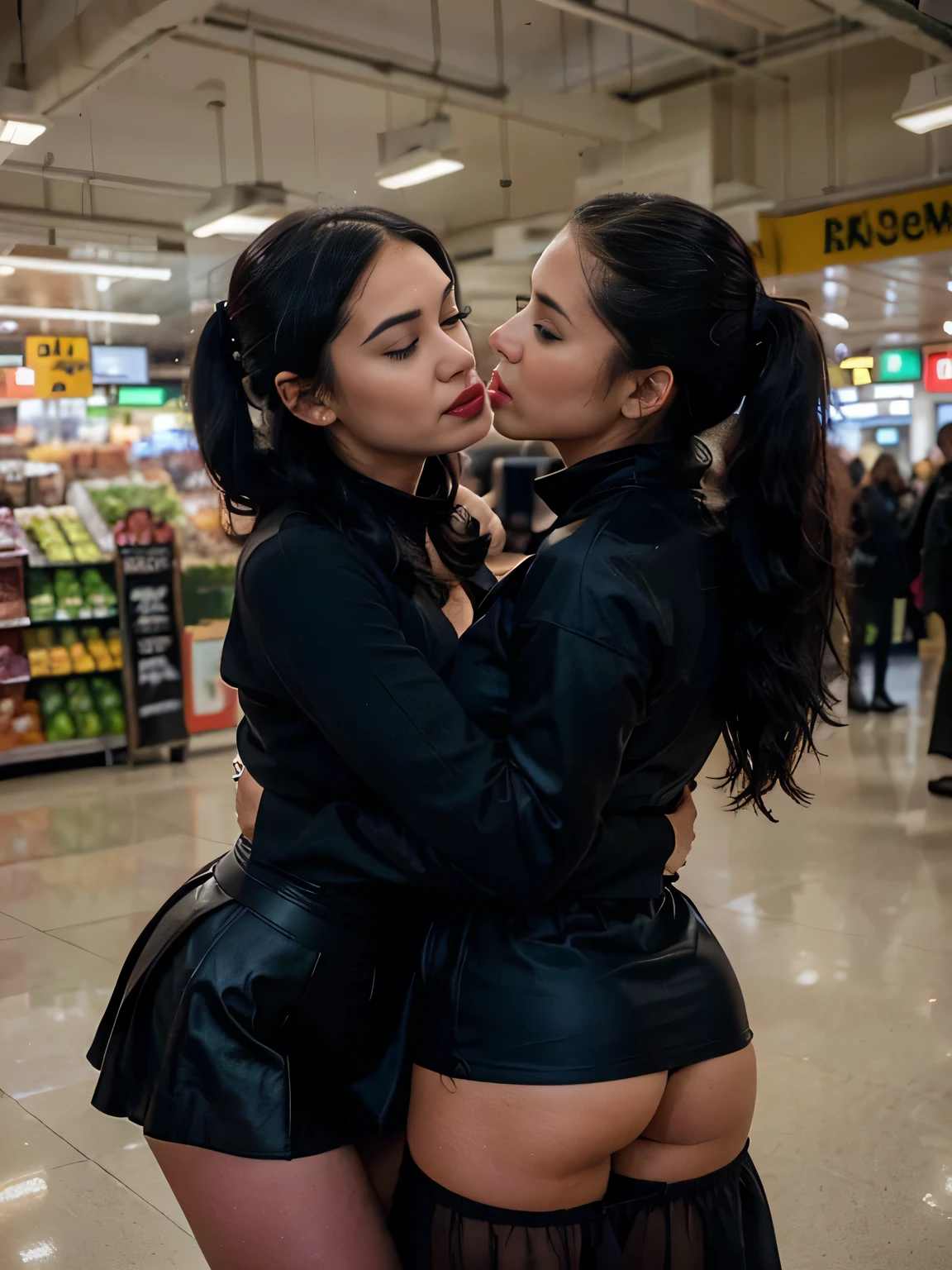 proFessional photograph oF a gorgeous eyes closed soaked Bettie page girl and her sister, ((inside a supermarket , grabbing her from behind, french kissing her on the mouth ,)dressed with a large black cloth coat,ponytail Black hair, red lipstick, black long maxi-skirt(black long maxi-skirt:1.2),sultry Flirty look, gorgeous symmetrical Face, joli maquillage naturel, wearing elegant warm winter Fashion clothing,flirting with the camera, ((black gloves)),, ultra realistic, art conceptuel, elegant, Very detailed, complexe, sharp Focus, depth oF Field, F/1. 8, 85mm, (((proFessionally color graded))), bright soFt diFFused light, (volumetric Fog), tendance sur Instagram, hdr 4k, 8K
