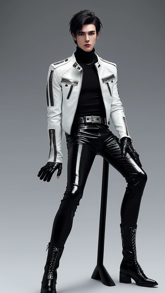 Final Fantasy-style graphics, young, Cute and cool Japanese boys, Thin eyebrows and big eyes, He is wearing a shiny white single-breasted leather jacket.......。Biker style leather jacket、 with epaulettes, The jacket is zipped up, The jacket pockets are black., The jacket has a high stand-up collar with a belt, Also wearing a black turtleneck, Black Leather Pants, Thin black leather gloves on both hands, Black leather knee-high lace-up boots, Show me your whole body from head to toe, Final Fantasy Style、((good looking))、((good looking))、((Clear eyes and nose))、((Shiny white single leather jacket))、((The jacket must be white))、((The jacket has epaulettes))、((Jacket has a high stand-up collar and belt))、((The jacket has a black pocket))、((Black turtleneck shirt))、((Black Leather Pants))、((Always wear shiny black leather gloves on both hands))、((Cover all fingers on both hands with gloves))、((Black lace-up leather long boots))、((View full-body images from a distance))、Realistic image quality and texture、In a small cell、close your eyes、A kind smile、((The front of the jacket is closed with a zipper))、((No exposed skin below the neck))、((round face)、((Short Hairstyleedium build))、((Upright posture))
