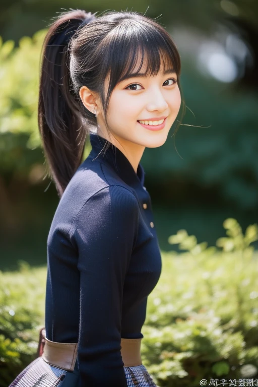 Japanese High School Girl、Have arms crossed、Tabletop, Realistic, detailed, Beautiful black hair、(High Position Ponytail Hair:1.2),Trimmed bangs、glamorous,Super Beauty、A happy smile、Stylish、((8k, RAW Photos)), Japanese High School 、Watching viewers with a smile、Front shot