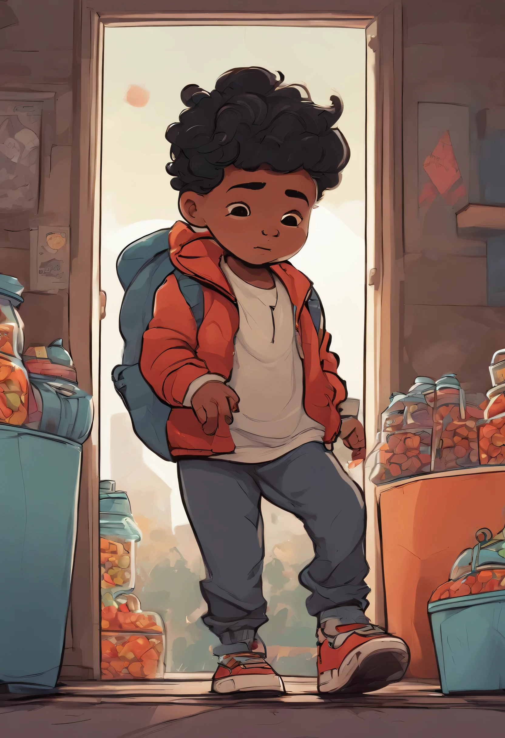 Skottie Young Style - 2d vector illustration,A Little boy searching for candy's,dark interior, goosebumps art, trending pixiv fanbox, acrylic palette knife, 4k, vibrant colors, devinart, trending on artstation,, smooth lighting and pastel colors. graffiti background, (8 colors), by Skottie Young