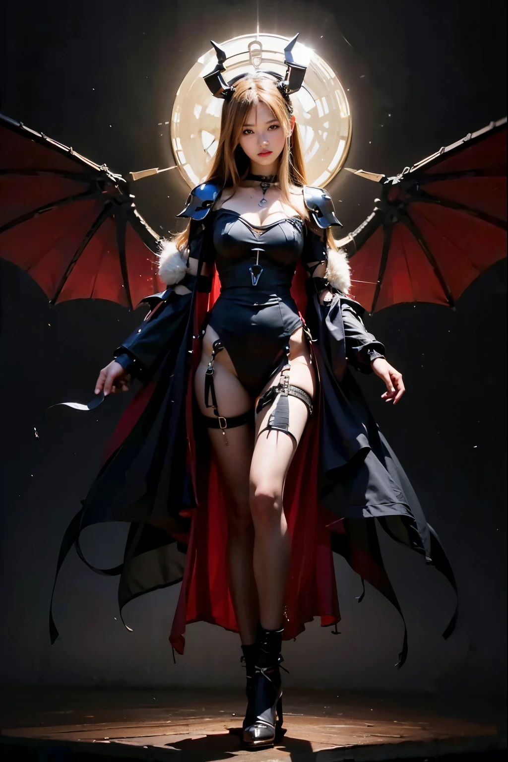 (masterpiece, best quality:1.2), (8k uhd, 16k, 32k, ultra high res), (photorealistic:1.37), (RAW photo), ultimate-realistic, ultimate-realistic details, ultimate-realistic texture, ultimate-intricate details, ultimate-realistic lighting, ultimate-realistic shadow, 1 japanese girl, ultimate-cute face, ultimate-RAW skin, ultimate-realistic eyes, (mechanical:1.4),  (armor), full body, wide shot
