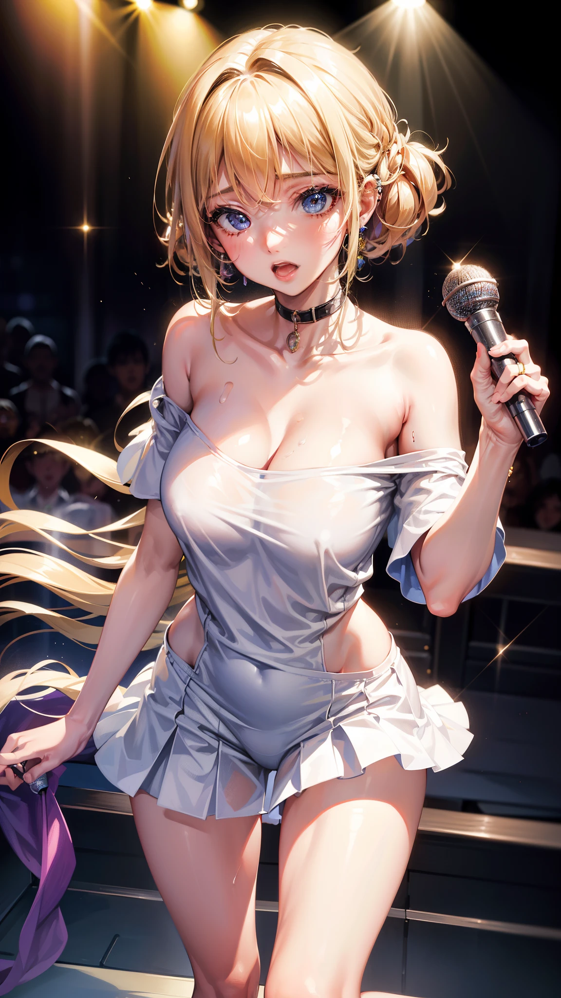 highest quality、High definition、Beautiful skin quality、Clear Eyes、One woman、Blonde short、Ring piercing of the earlobe、Holding a microphone、Sing a song、Dancing and singing in a nightclub、Sweat、Open off-shoulder T-shirt、Short bottom skirt、Beautiful legs、Beautiful thighs、Shot from above