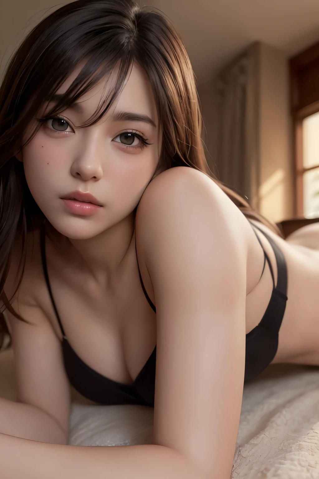 (8k, RAW photos, top quality, masterpieces: 1.2), super detail, ultra high resolution, (realistic, photoreal: 1.37), portraits, high detail RAW color photos, professional photos, very delicate and beautiful, very detailed, 8k wallpapers, stunning, fine details, huge file size, official art, highly detailed CG Unity 8k wallpapers, very detailed beautiful girls, very detailed face, very detailed eyes, very detailed skin, very detailed fingers, very detailed nose, very detailed mouth, perfect anatomy, very detailed background, very detailed costumes, 1 girl, (18 years old: 1.2), teenager, cute girl, famous Japan idol, cute, (small: 1.2), realistic body, petite, fair skin, shiny skin, slender body, Good Style, Full Body, Black Hair Bob, Short Bob, (Patsun Bangs: 1.2), Laughing Face, Cute, Young, Cute Face, Realistic Face, Beautiful Eyes, Loose Eyes, Upper Eyes, Baby Face, Tanuki Face, Dark Indoors, Bedroom, Late Night, Sexy, Sheer Underwear, Topless, Panties, Overexposed, Big, Pointed, Crotch Open, Lying On Your Back