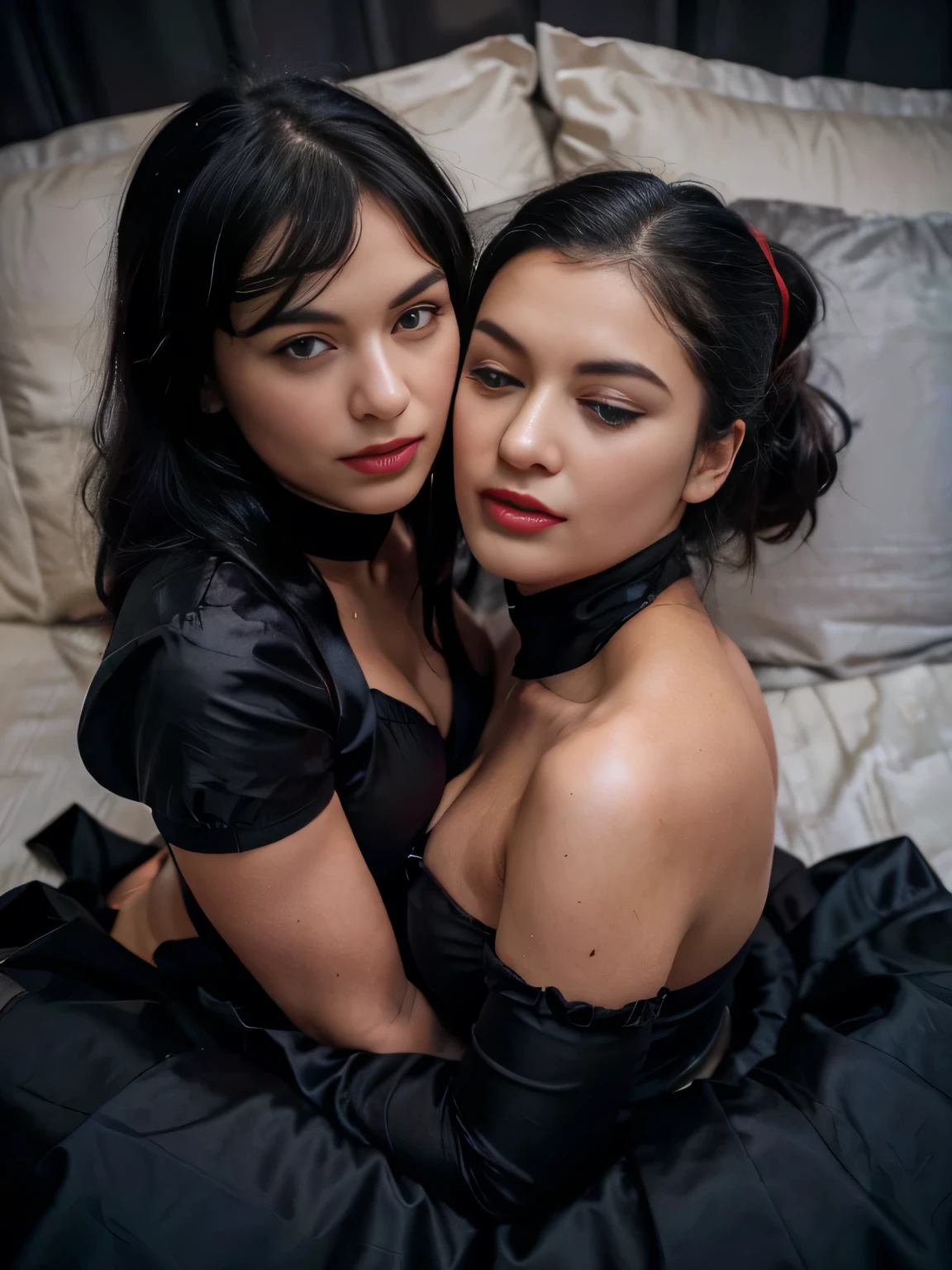 proFessional photograph oF a gorgeous eyes closed soaked tie page girl and her sister, (( lying on a black satin bed,, grabbing her from behind, kissing her on the mouth ,)dressed with a large black cloth coat,ponytail Black hair, red lipstick, black long maxi-skirt(black long maxi-skirt:1.2),sultry Flirty look, gorgeous symmetrical Face, joli maquillage naturel, wearing elegant warm winter Fashion clothing,flirting with the camera, ((black gloves)),, ultra realistic, art conceptuel, elegant, Very detailed, complexe, sharp Focus, depth oF Field, F/1. 8, 85mm, (((proFessionally color graded))), bright soFt diFFused light, (volumetric Fog), tendance sur Instagram, hdr 4k, 8K