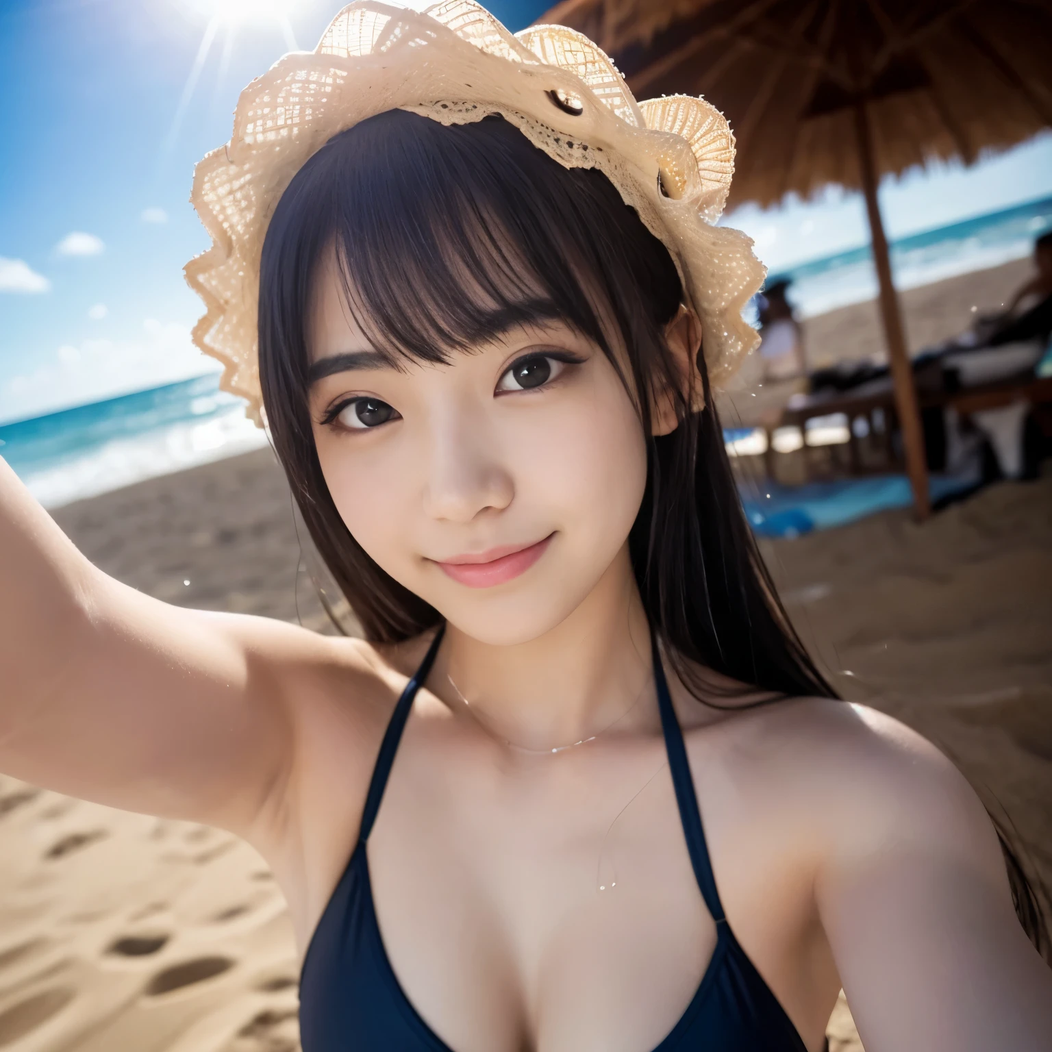 Selfie, Cute Japanese girls filmed with a GoPro camera, Wearing a sexy swimsuit on the beach, Wet, smile, Fisheye Lens, Solar flare, Best-quality, Masterpiece, Ultra-High-Resolution, (Photorealistic:1.4), Raw-Photo, extremely-details, perfect-anatomy, depth of field, professional-lighting, the most famous Japanese idol, the most cute face, ((the most cute and thd most big black-eyes)), the most cute hairstyle, the most beautiful hair, the most beautiful skins, the most cute long-eyelashes, the most cute lips