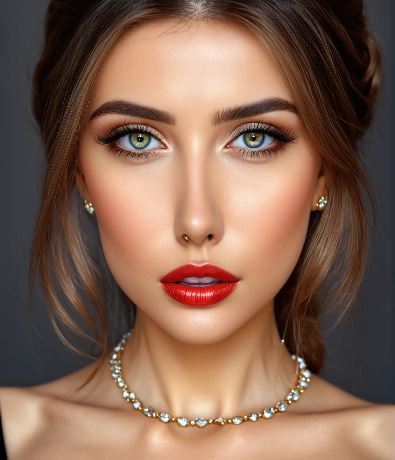 (masterpiece, best quality:1.2), 1woman, solo ((ultra realistic))), photo, best quality, trending on artstation, master piece, jewels in place of pupils, glossy lips, beautiful face portrait 8k 4k masterpiece photo analog style