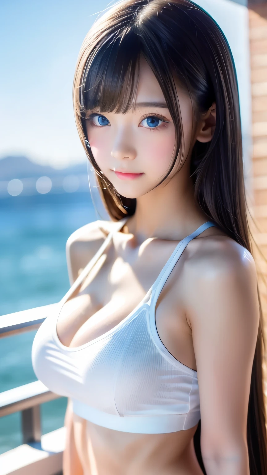Beautiful fair and glowing skin, 3 Up, gorgeous, bright, Refreshing and gentle expression, Perfect beautiful face、Super long straight hair with shiny platinum strands, Beautiful shiny bangs, A very beautiful girl, Eyeliner, Very perfect and beautiful lovely big clear sky blue eyes、非常漂亮bright眼睛亮点,White yoga clothes,Very large breasts,Grooves reveal original skin,Muscular body