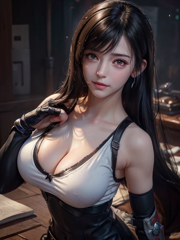 highest quality, ((Realistic)), (masterpiece, highest quality:1.4), (Future Day), (Front shot), (One girl:1.2), (alone), (European youth:1), Deftifa, White crop top, Elbow pads, Fingerless gloves, suspenders, Pencil Skirt, Black socks, Red Boots, whole body, Mid-chest, View your viewers, Sexy smile, Future city at night, Beautiful Face, Highly detailed face, Highly detailed skin, Skin pores, Scattered beneath the surface, Realistic pupils, Mid-chest, Apply blush all over the face, Fuller lips, Detailed Background, SFW, Depth of written boundary, Volumetric lighting, Sharp focus, Absurd, Realistic proportions, Excellent anatomy, (Realistic, hyperRealistic:1.4), 16K HDR, whole body