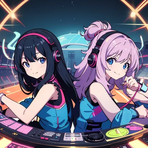 two anime girls in headphones are playing music on a turntable, anime vibes, anime style 4 k, ig studios anime style, nightcore,...