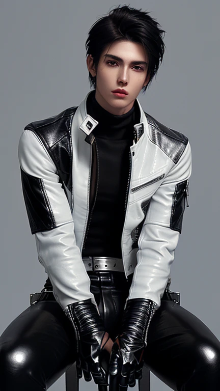 Final Fantasy-style graphics, young, Cute and cool Japanese boys, Thin eyebrows and big eyes,  He is wearing a shiny white single-breasted leather jacket.......。Biker style leather jacket、 with epaulettes,  The jacket is zipped up, The jacket pockets are black., The jacket has a high stand-up collar with a belt, Also wearing a black turtleneck, Black Leather Pants, Thin black leather gloves on both hands, Black leather knee-high lace-up boots, Show me your whole body from head to toe, Final Fantasy Style、((good looking))、((good looking))、((Clear eyes and nose))、((Shiny white single leather jacket))、((The jacket must be white))、((The jacket has epaulettes))、((Jacket has a high stand-up collar and belt))、((The jacket has a black pocket))、((Black turtleneck shirt))、((Black Leather Pants))、((Always wear shiny black leather gloves on both hands))、((Cover all fingers on both hands with gloves))、((Black lace-up leather long boots))、((View full-body images from a distance))、Realistic image quality and texture、In a small cell、close your eyes、A kind smile、((The front of the jacket is closed with a zipper))、((No exposed skin below the neck))、((round face)、((Short Hairstyleedium build))、((Upright posture))
