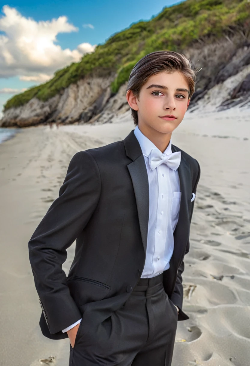 Beautiful and realistic 14 year old boys in tuxedos on the beach, caras ultra detalladas, Red de voleibol en segundo plano., fotorrealista mejor calidad hdr