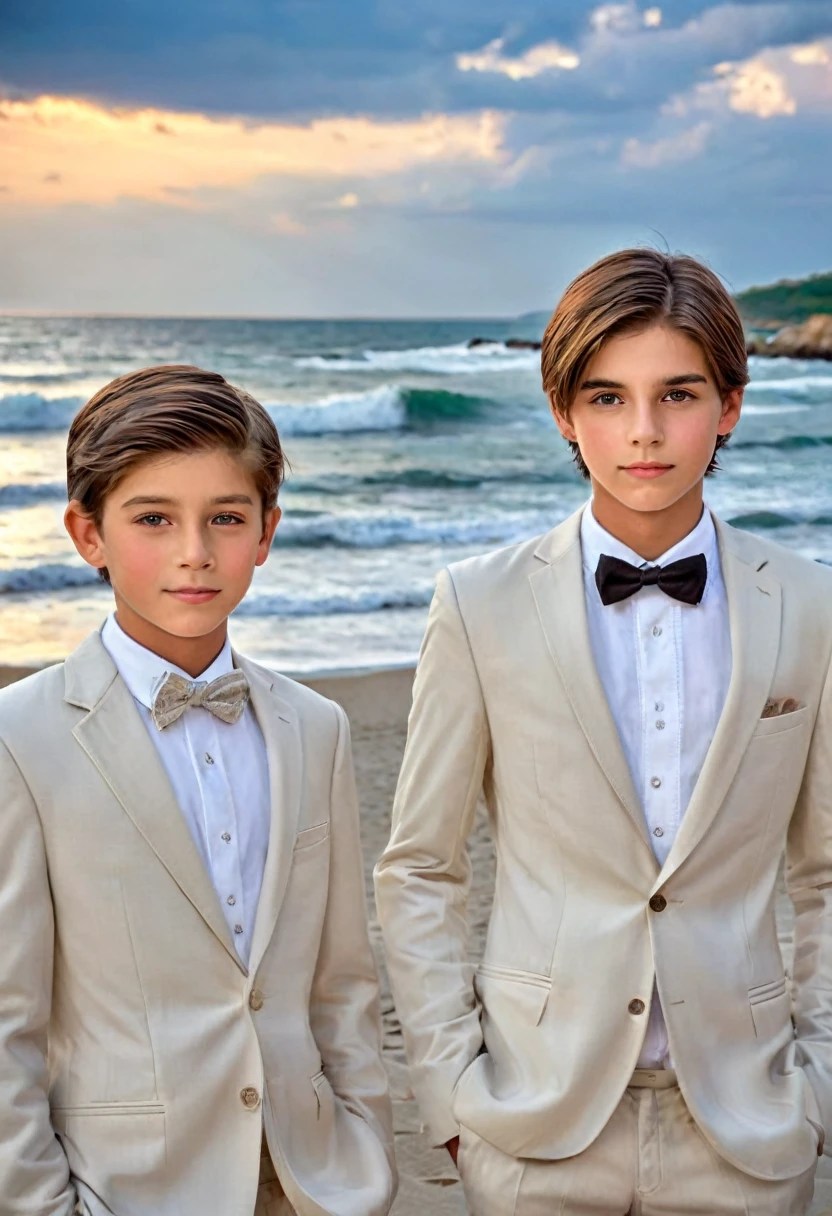 Beautiful and realistic 14 year old boys in tuxedos on the beach, caras ultra detalladas, Red de voleibol en segundo plano., fotorrealista mejor calidad hdr