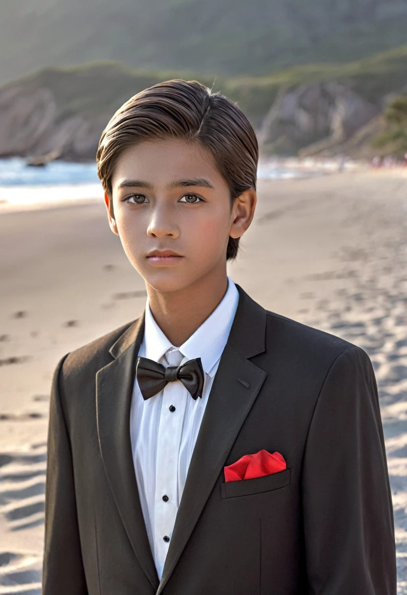 Beautiful and realistic 14 year old boys in tuxedos on the beach, caras ultra detalladas, Red de voleibol en segundo plano., fotorrealista mejor calidad hdr