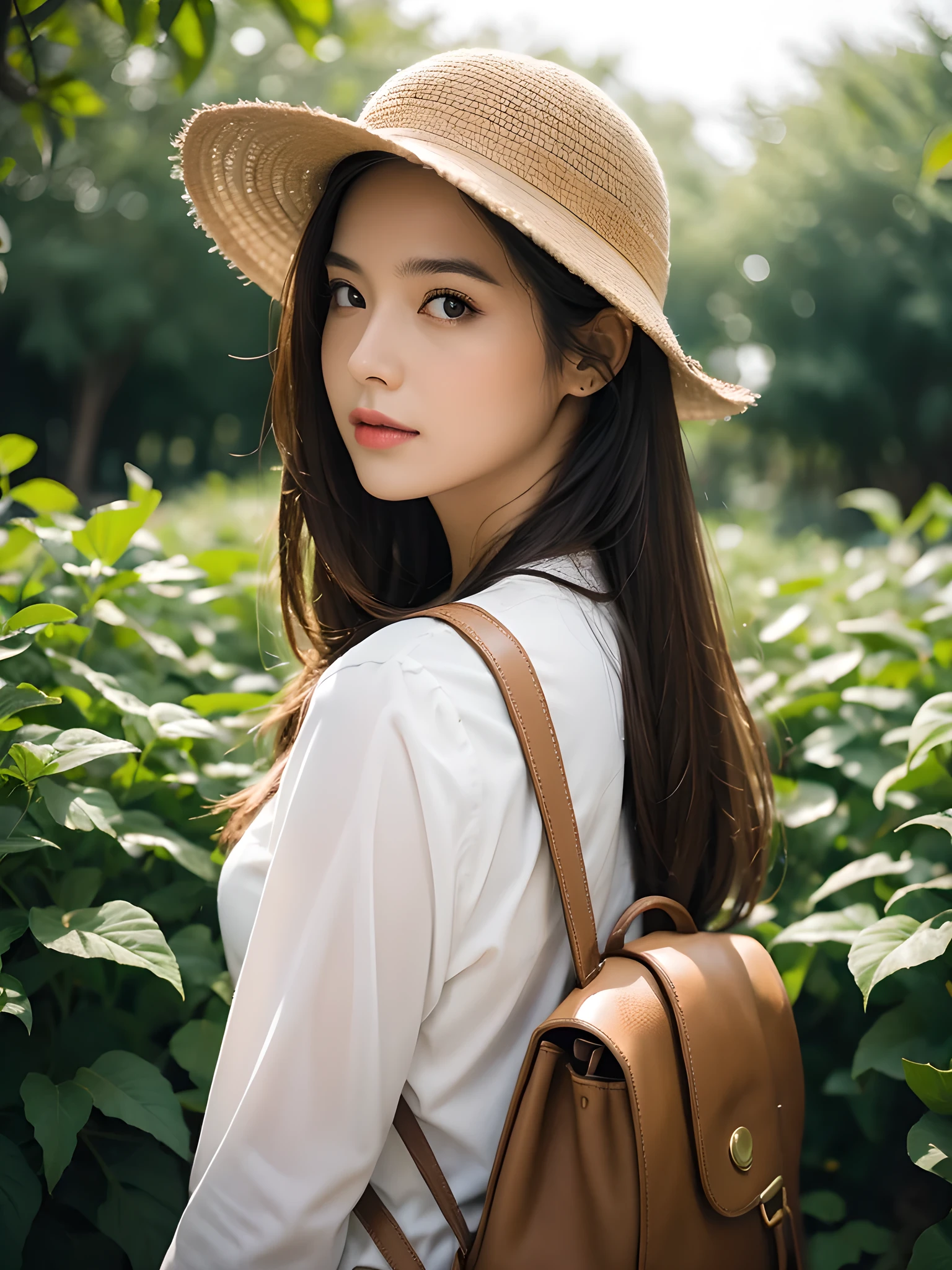 best qualtiy, masterpiece, (realistic:1.6), raw photograph, 1girl, portrait, deep shading, low tune, soft light, looking to the camera, Sexy look, long brown all back hair, safari hat, back pack,
day outdoor, forest background, deers, lake,