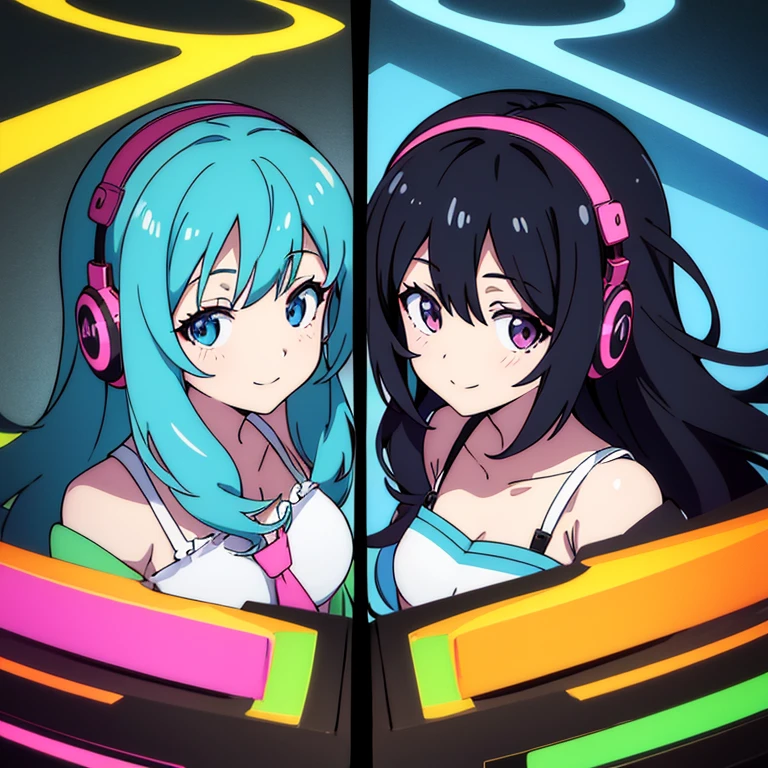 two anime girls in headphones are playing music on a turntable, anime vibes, anime style 4 k, ig studios anime style, nightcore, 8 0 s anime vibe, anime girls, anime style. 8k, lofi artstyle, dj sura, anime moe artstyle, anime style illustration, trending on cgstation, anime style artwork, e - girl,flying attack,dancing,star in lefteye,manga style