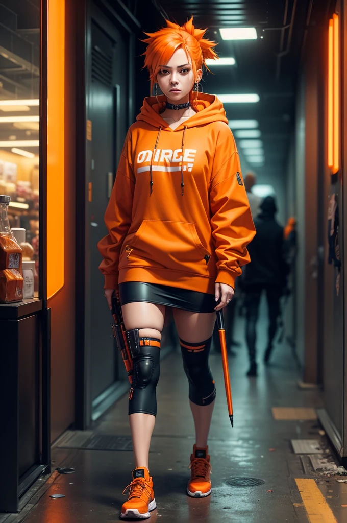 There is a woman wearing a orange hoodie，With a staff in her hand, Hyper-realistic cyberpunk style，Digital cyberpunk anime style, orange color, orange hair