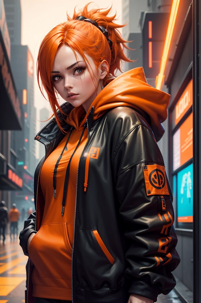 There is a woman wearing a orange hoodie,With a staff in her hand, Hyper-realistic cyberpunk style,Digital cyberpunk anime style, orange color, orange hair