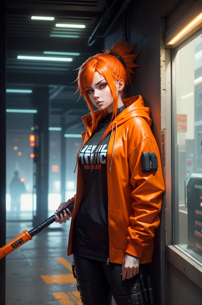 There is a woman wearing a orange hoodie,With a staff in her hand, Hyper-realistic cyberpunk style,Digital cyberpunk anime style, orange color, orange hair