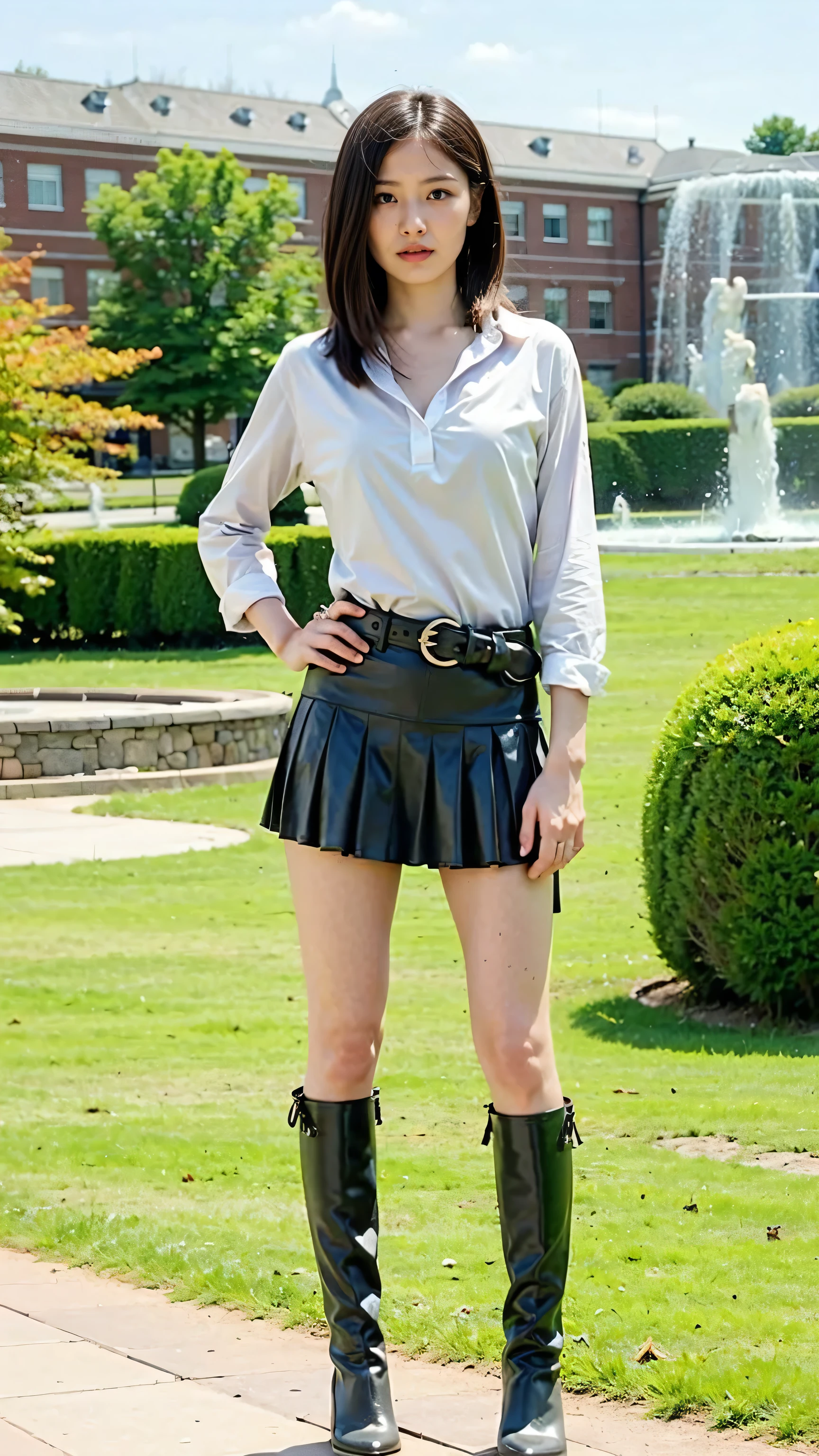(8k、RAW Photos、highest quality、masterpiece:1.2)、(Realistic、Photorealistic)、1 girl、((shirt、mini skirt、Big Breasts、I can see your chest、View from the front、See-through、boots、Stand with hands on hips、In the city))、