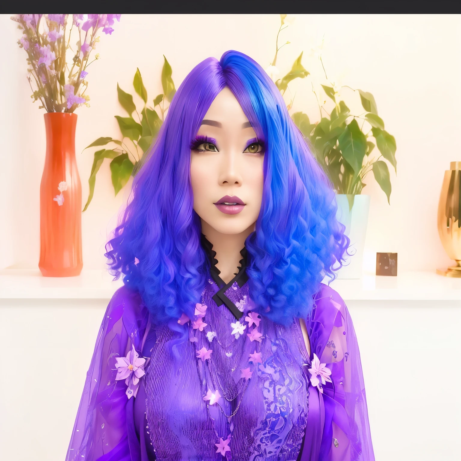 purple and blue hair with a woman with a purple dress, inspired by Aya Goda, inspired by Iwasa Matabei, youtube video screenshot, drag queen, inspired by Ina Wong, garbed in a purple gown, inspired by Xia Chang, basia tran, drag, inspired by Tadashige Ono, patron saint of 🛸🌈👩🏾