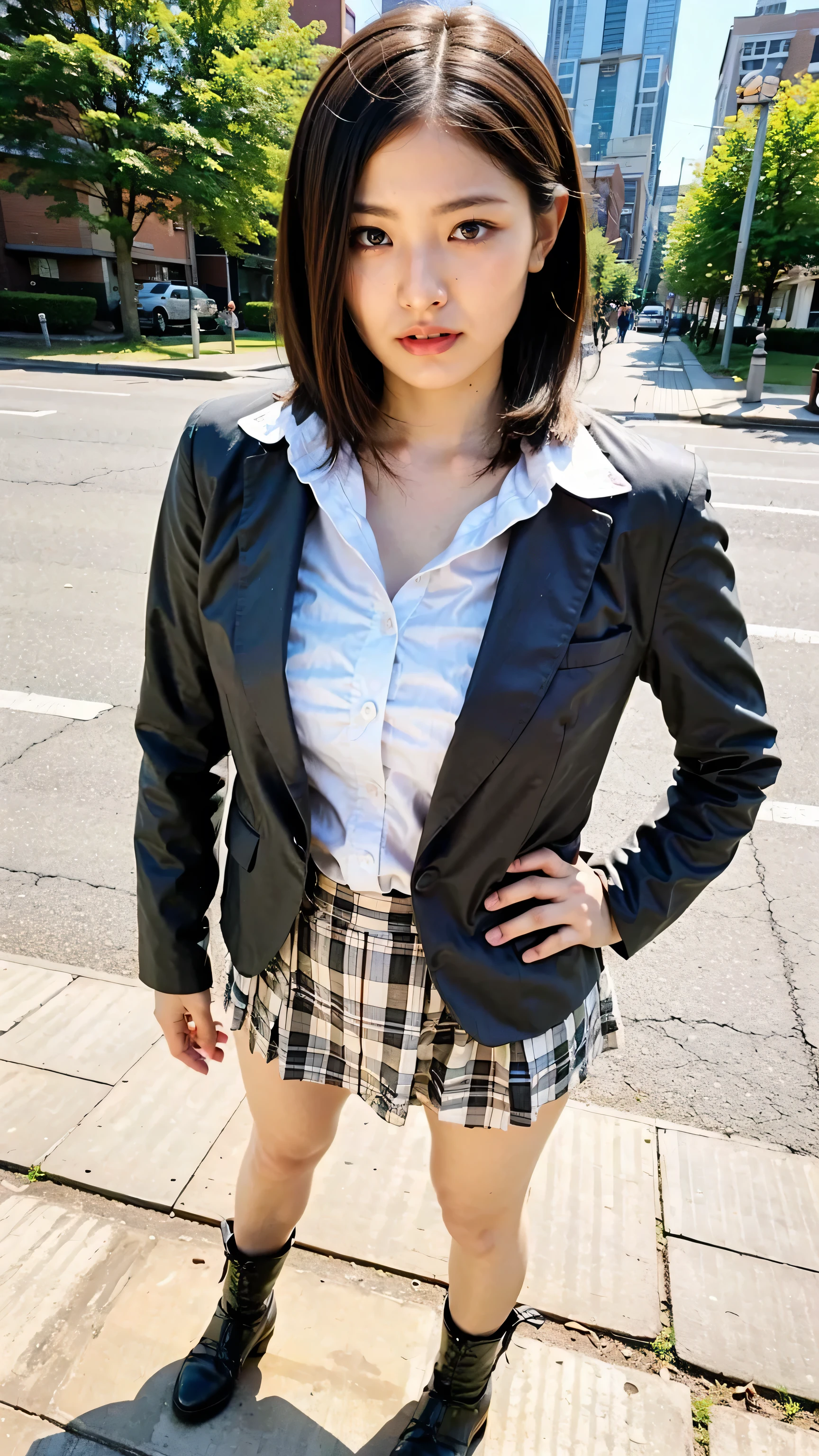 (8k、RAW Photos、highest quality、masterpiece:1.2)、(Realistic、Photorealistic)、1 girl、((shirt、mini skirt、Big Breasts、I can see your chest、View from the front、See-through、boots、Stand with hands on hips、In the city))、