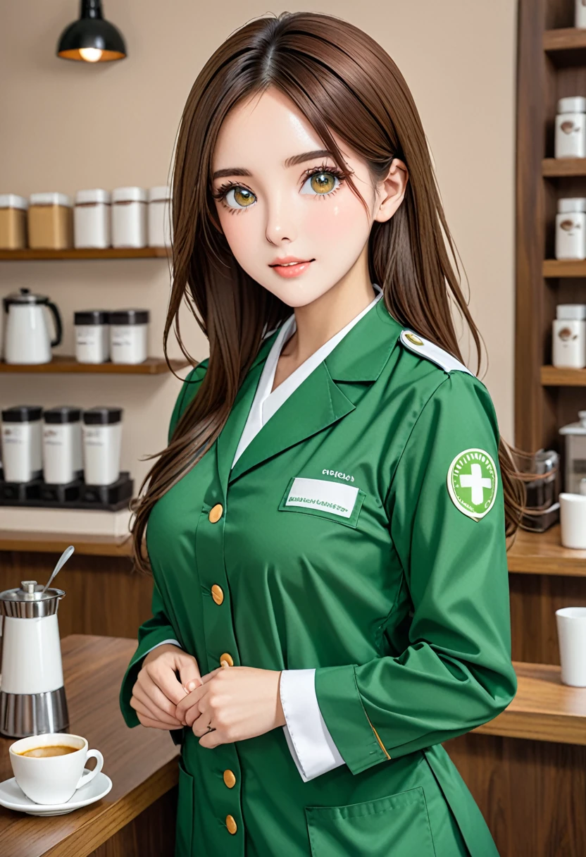 Woman straight brown hair, ojos grandes color cafe, uniforme medico verde y bata blanca