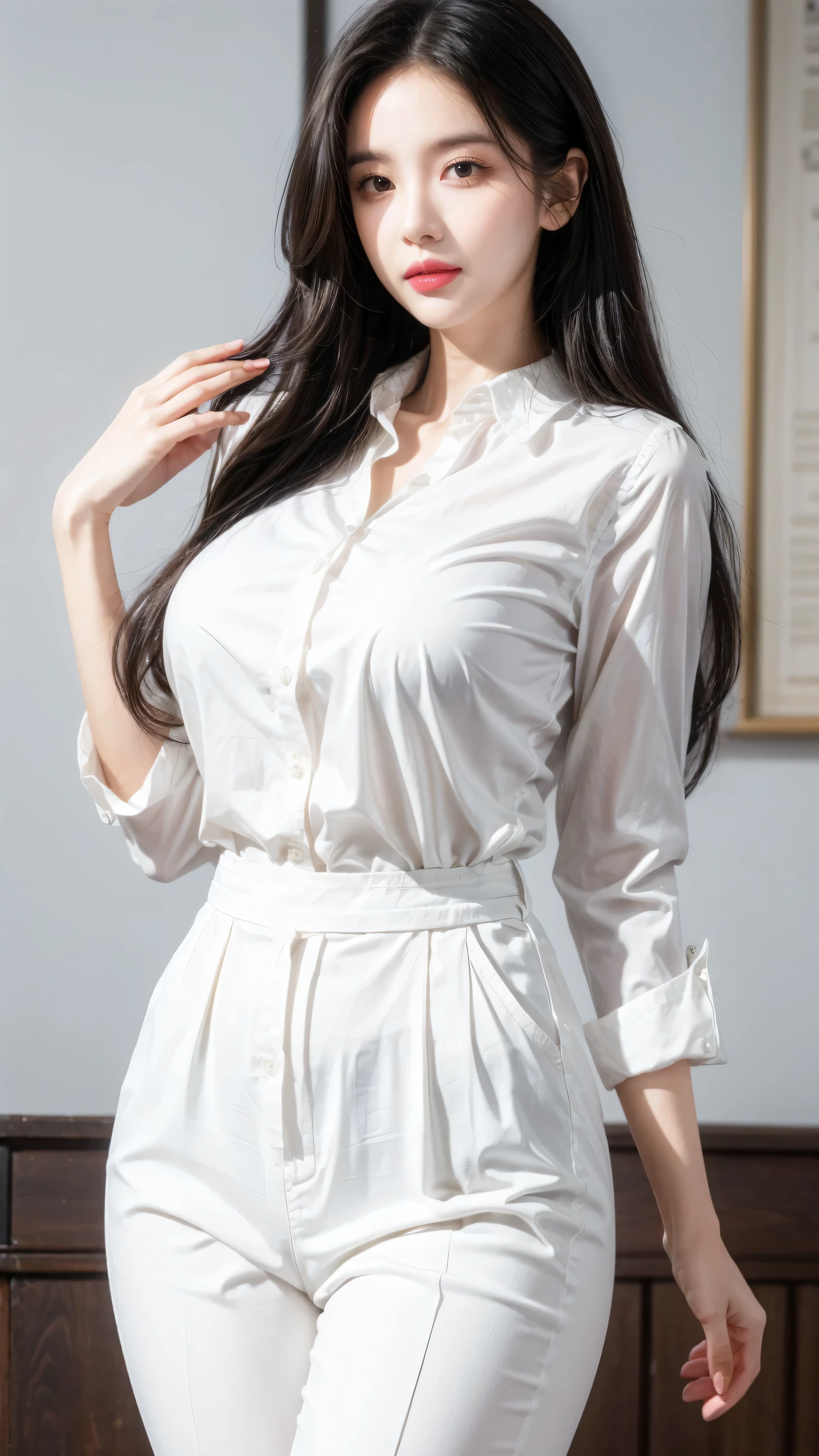 This beautiful teacher is wearing a simple and elegant white shirt，With black slim trousers, Showing off her tall figure and graceful curves. Her long hair, Slightly curled, Exudes a light fragrance. Her facial features are delicate, Her eyes are bright and lively, Her eyebrows are long and natural., Her lips are rosy and sexy, Her face is round and smooth.
