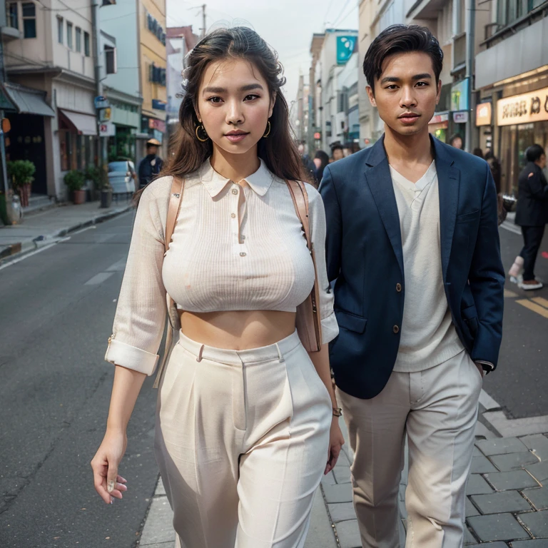 (Best quality, 16k, High resolution, Craftsmanship: 1.2), Highly detailed, (Realistic, Photorealistic, photo-realistic: 1.37), Korean fashion beauty, Japanese and Korean beauty, cute and innocent, Detailed eyes and face, beautiful lips details, White teeth, Long eyelashes, slimming, fashionably dressed, Long trousers, Plump upper circumference, Big breasts, (Beautiful, Charming: 1.1),.next to her
a clean-faced Indonesian man wearing an office worker's suit, Colorful street background, Stylish clothes and accessories, Clothing material is soft, Portrait style photography, Bright colors, Street lights.