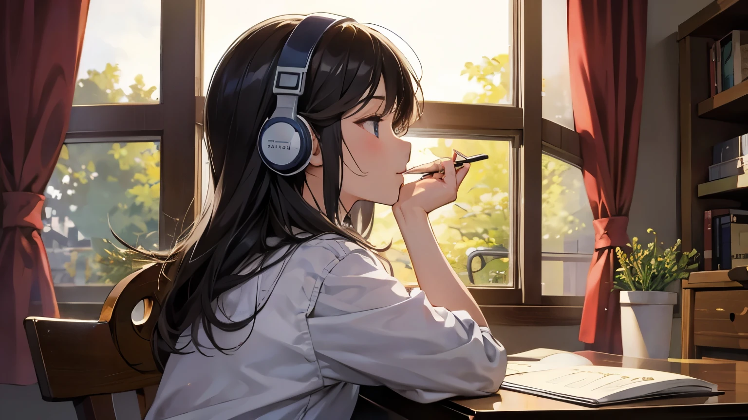 night、room、study、beautiful girl、coffee、Outside the window is a starry sky、Headphones、Note、Studio Ghibli style