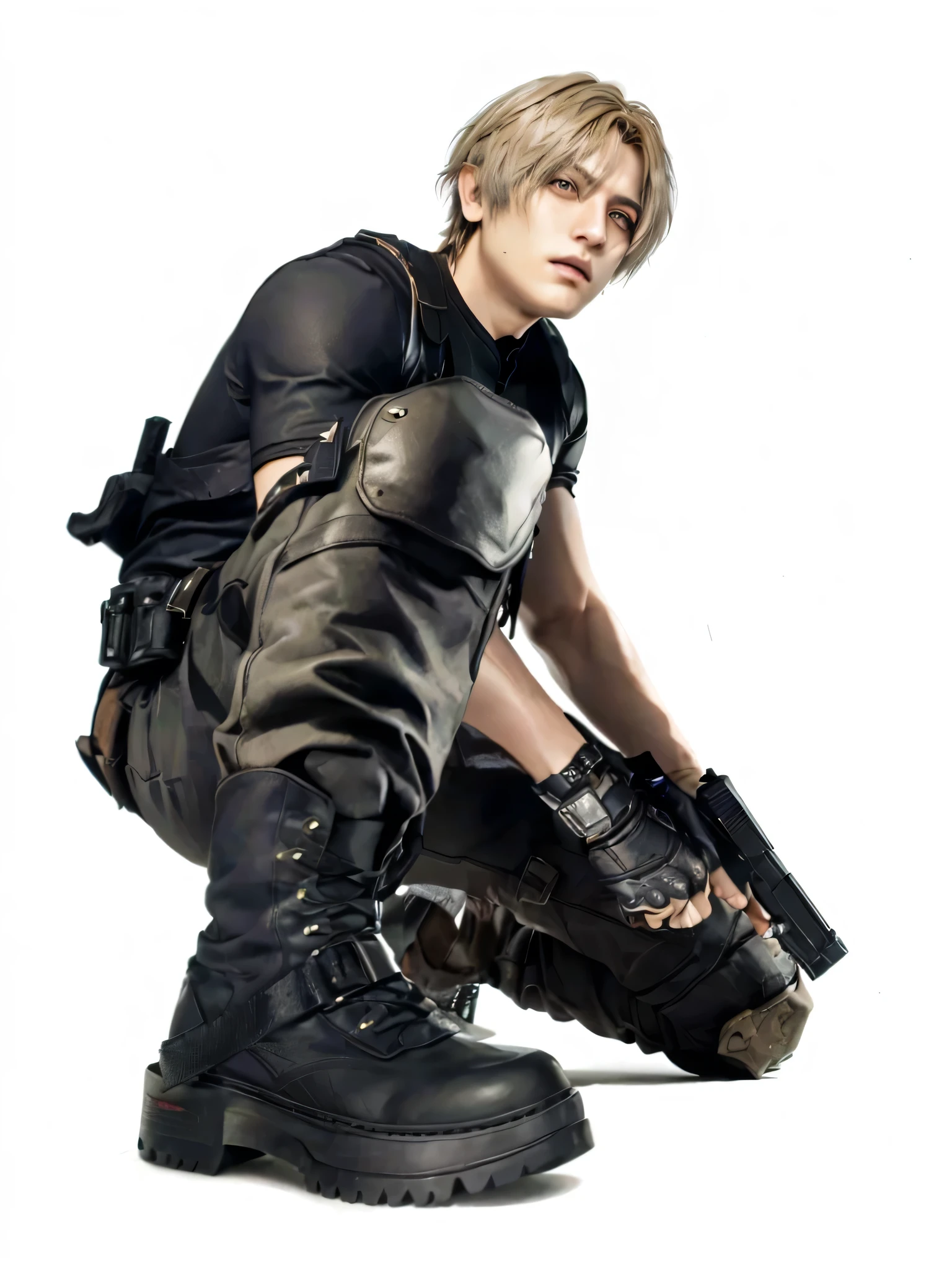 hay una mujer vestida de negro arrodillada con una pistola, Jungkook, Juan Liebert mixed with dante, jeon jungkook es leon s. kennedy, Juan Liebert mixed with alucard, personaje de videojuego, Aguas Thancred, Aguas Thancred in style of wlop, como personaje de tekken, v del diablo puede llorar como un elfo