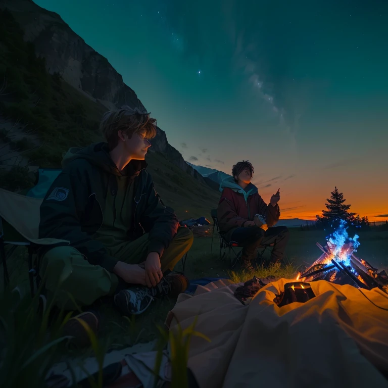 there are two people sitting around a campfire in a field, campfire in background, at a campfire at night, burning scene in the background, calmly conversing 8k, night, chill time. good view, relaxing environment, camping, campfire background, sitting on the cosmic cloudscape, sitting on the beach at night, talking around a fire, gazing off into the horizon