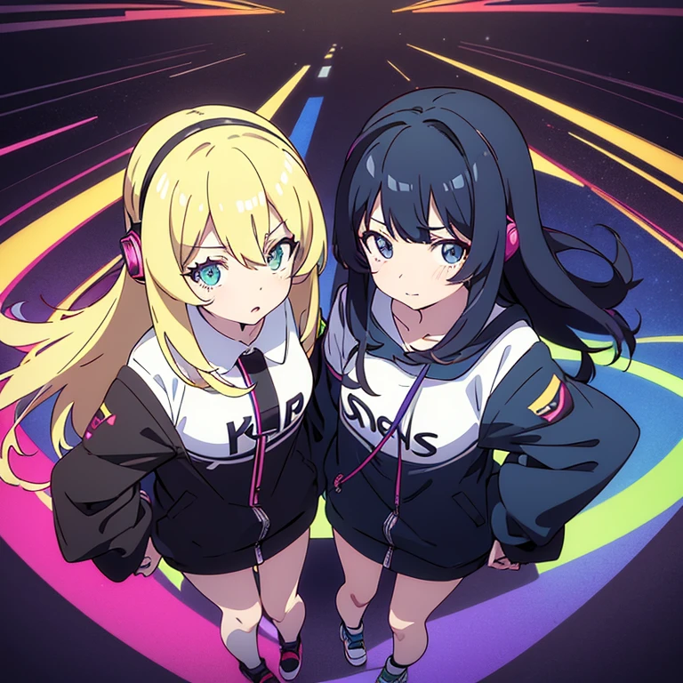 two anime girls in headphones are playing music on a turntable, anime vibes, anime style 4 k, ig studios anime style, nightcore, 8 0 s anime vibe, anime girls, anime style. 8k, lofi artstyle, dj sura, anime moe artstyle, anime style illustration, trending on cgstation, anime style artwork, e - girl battle