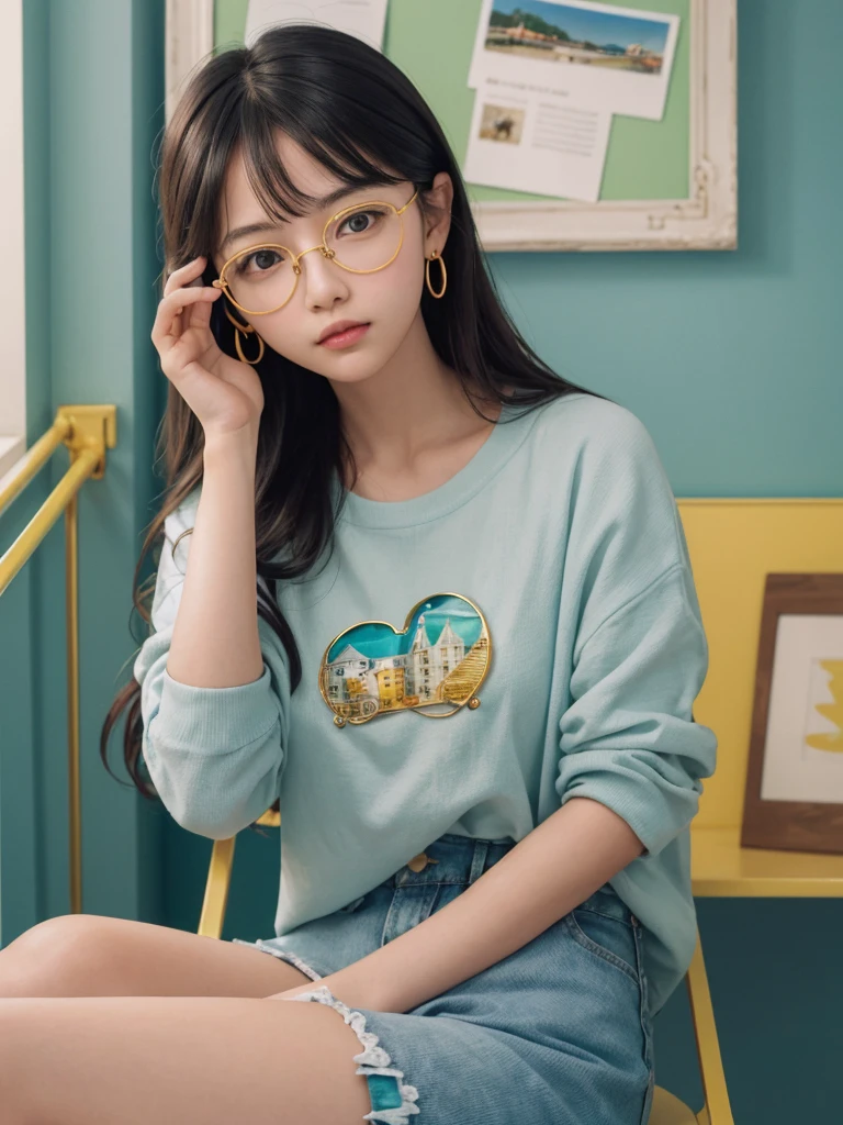 (Masterpiece, highest quality, super large resolution); (CG illustration); (a cute and cute girl); (sleepiness) (exhaustion); ((round-framed gold wire glasses)), (fashionable) (trendy); Rich colors, cyan, orange, yellow, green, cyan, blue, purple, fashion typography, magazine cover poster, hyper-detail, art, title, logo, label, badge, graphic design, detail post-processing, depth of field, high brightness, high saturation, more white space;